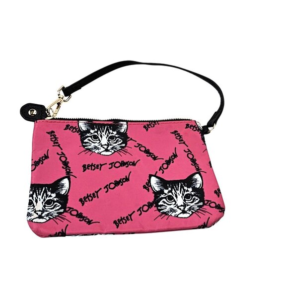 Betsey Johnson Pink Cat Print Wristlet Purse With Zippered Closure & Black Strap - Picture 1 of 5